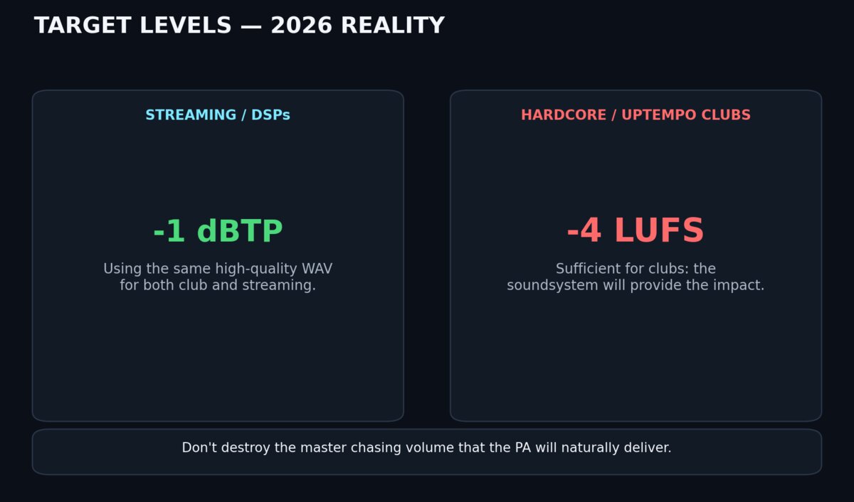 Target loudness levels 2026 — Streaming -1 dBTP vs Hardcore clubs -4 LUFS