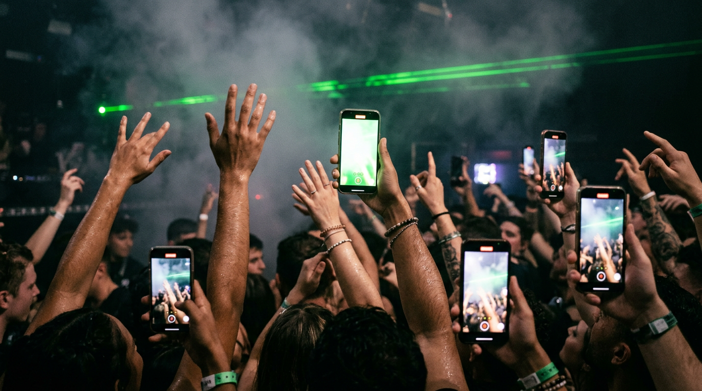 Contrast between hands dancing freely in the air and hands holding phones on a rave dancefloor