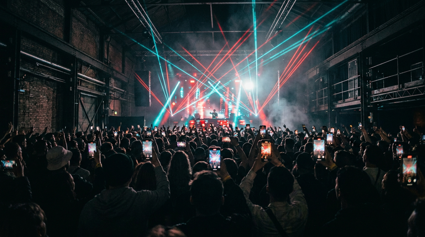 Ravers filming a DJ set with smartphones in a dark industrial electronic music club, wall of glowing screens