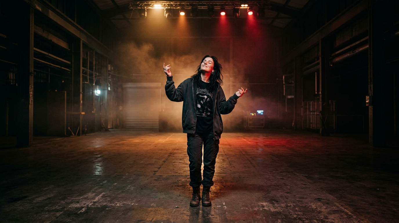 Lone dancer immersed in music on an empty dancefloor without a phone, surrounded by purple lighting
