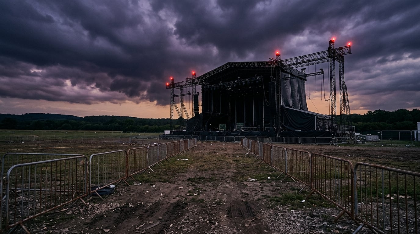 Abandoned outdoor festival main stage at dusk with empty crowd barriers and dramatic storm clouds — representing the 2026 festival crisis