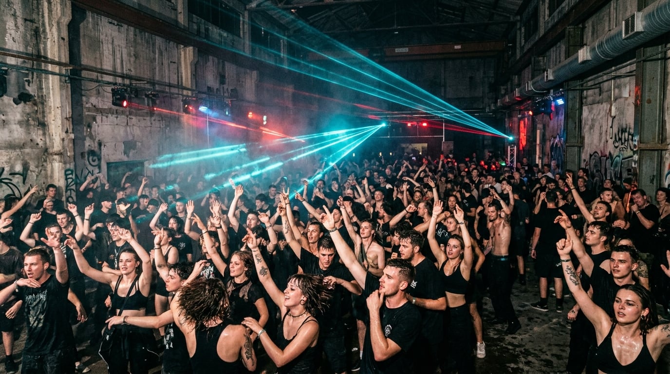 Packed underground warehouse rave with industrial concrete walls, cyan and red laser beams cutting through haze