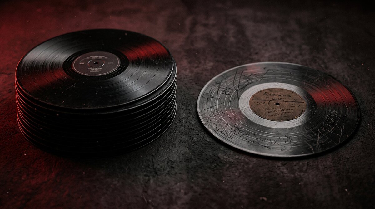 Several identical black vinyl records stacked together and one unique hand marked record set apart on a dark industrial surface under red light