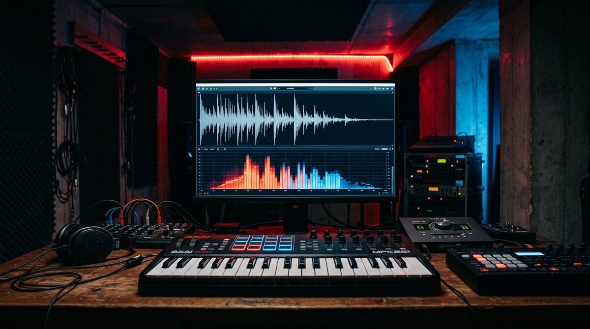 Music producer analysing a distorted kick waveform and frequency spectrum in a dark industrial studio with red and blue lighting