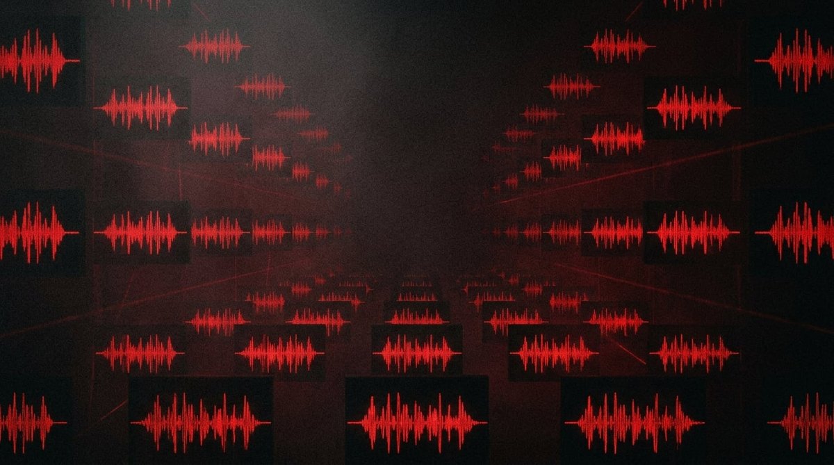 Endless grid of identical crimson audio waveforms fading into darkness, representing musical sameness in the hardcore and uptempo scene