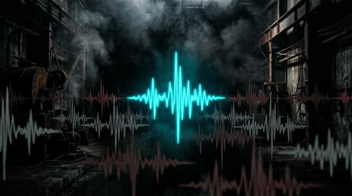 A single glowing cyan waveform standing out among dull identical red waveforms, symbolising originality in hardcore music