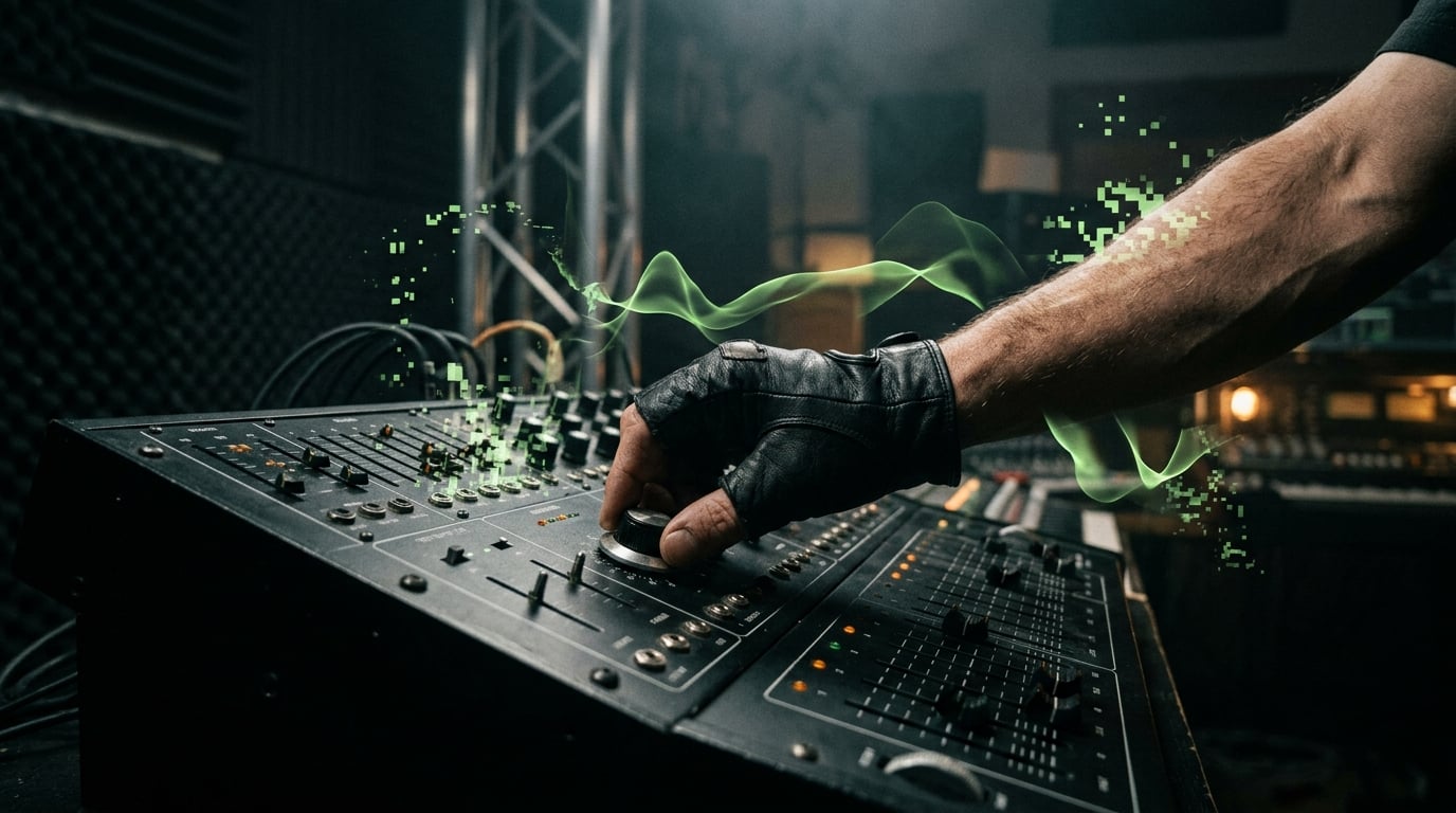 Producer adjusting electronic music hardware as digital waveforms dissolve in a dark industrial studio