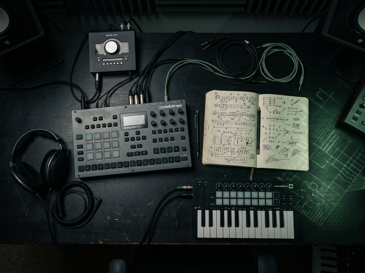 Music-production workspace showing AI as a supporting tool alongside human creative instruments