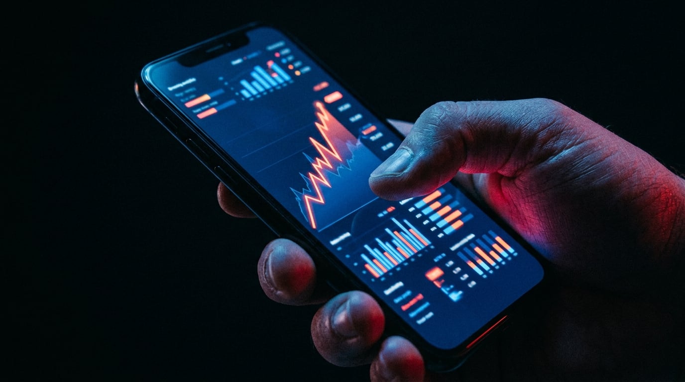 Close-up of a smartphone glowing in a dark room showing an abstract streaming analytics dashboard with a sharp upward line graph