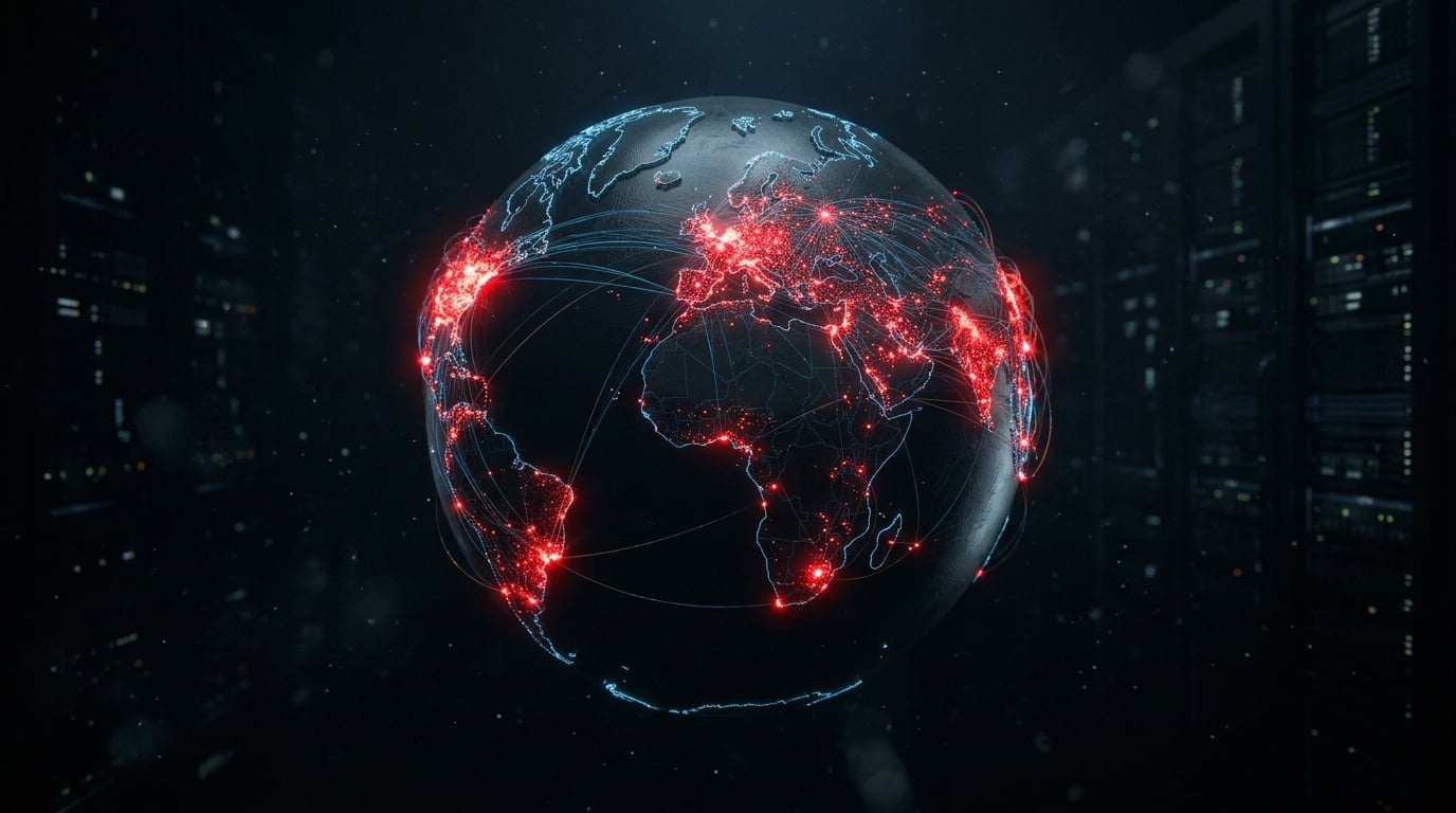 Dark conceptual world map visualization glowing with dense red clusters of data points in a few isolated regions connected by network lines, representing bot farms