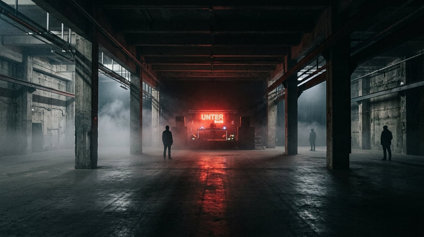 Almost empty underground industrial warehouse rave with a lone glowing DJ booth and only a few scattered silhouettes on a vast dancefloor
