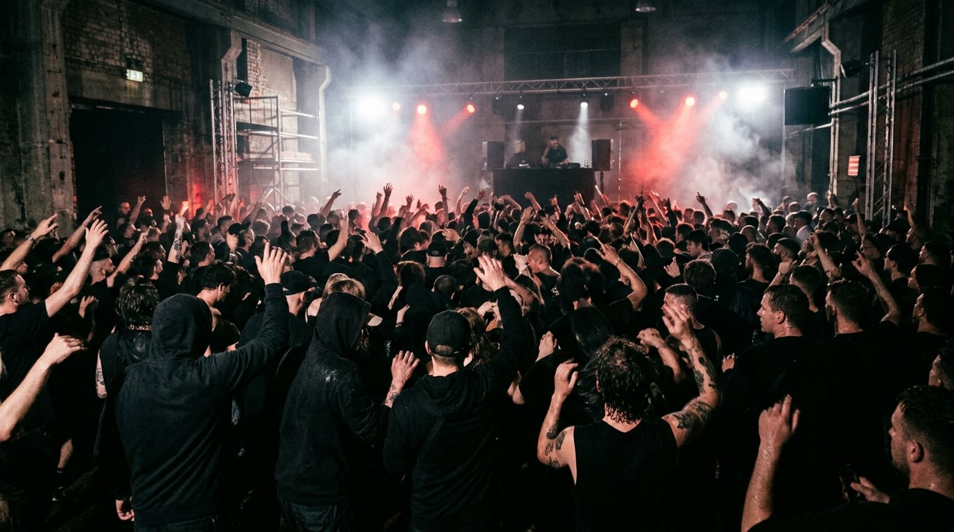 Real packed underground hardcore crowd with hands raised, red and white strobe lights cutting through haze in an industrial warehouse