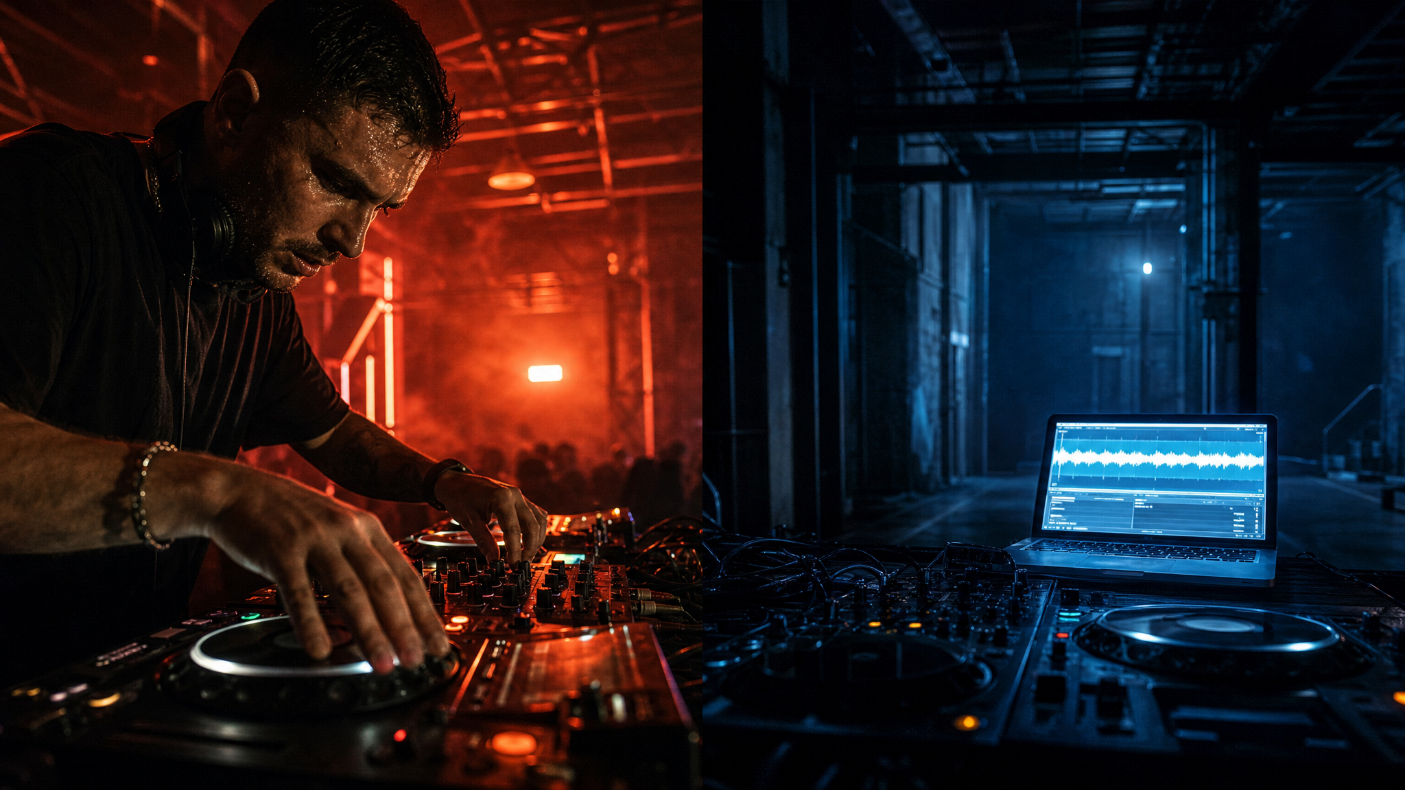 Split composition: on the left a DJ intensely focused on CDJs with raw energy, on the right a laptop with a pre-loaded waveform playing unattended