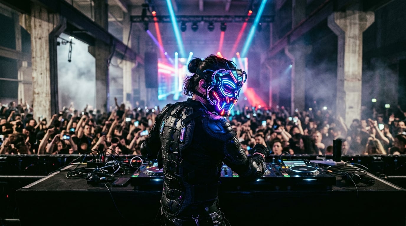 DJ performing in an elaborate LED cyberpunk mask behind a booth at an industrial warehouse rave, the spectacle overshadowing the sound