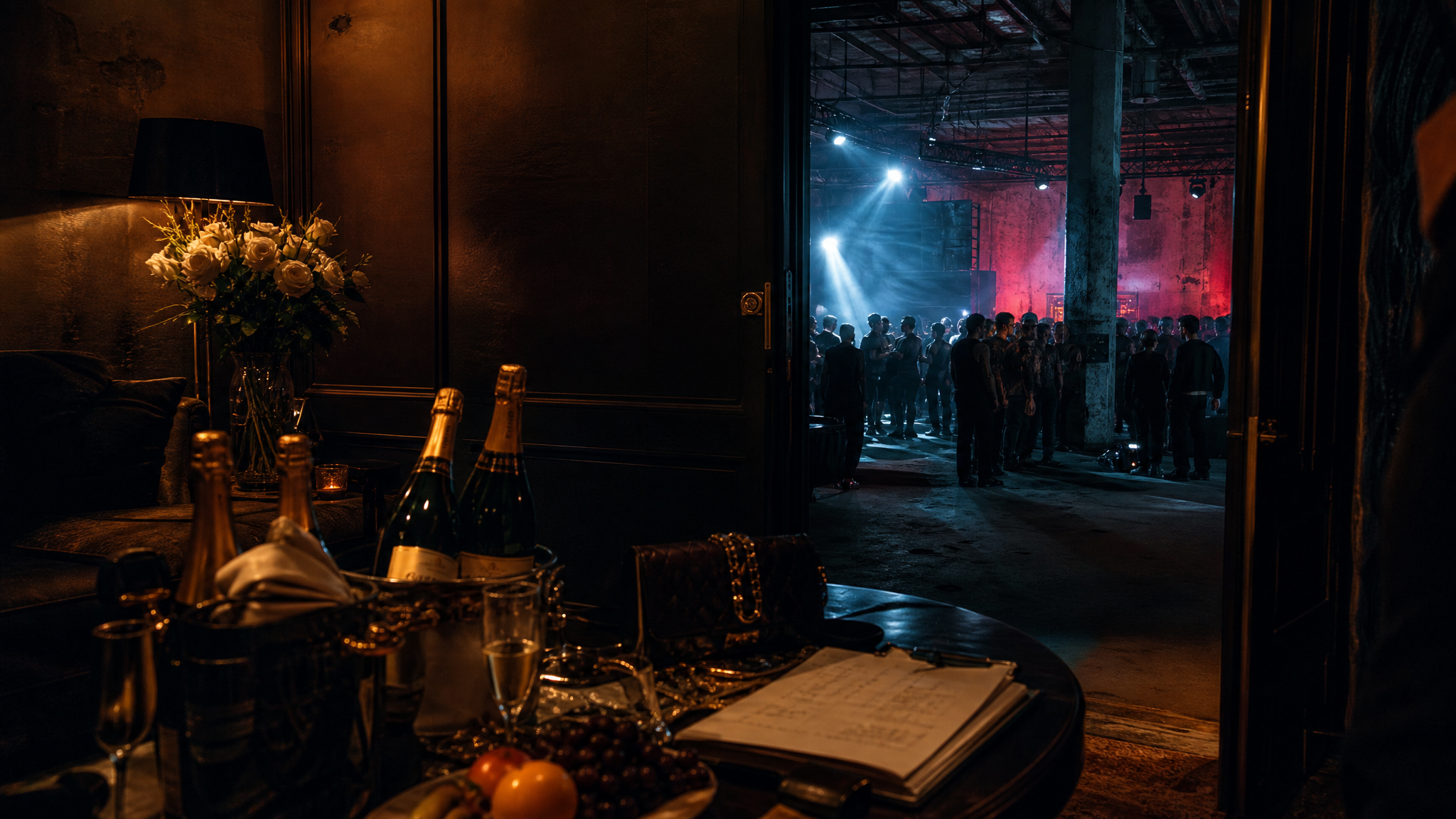Backstage VIP area with luxury items and champagne contrasting with a raw industrial warehouse rave visible through a doorway