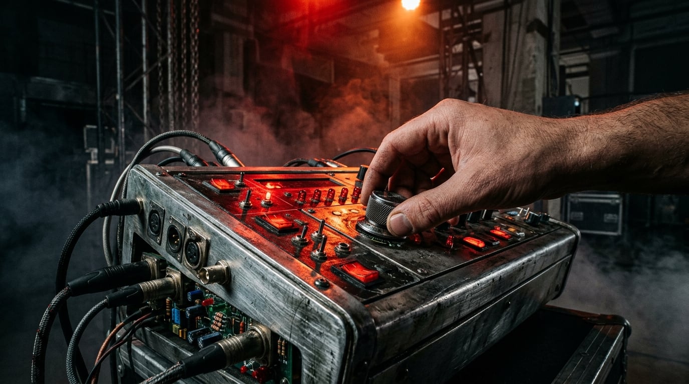 Close-up of a hand adjusting a custom-built electronic hardware controller with infrared sensors glowing on a dark industrial stage