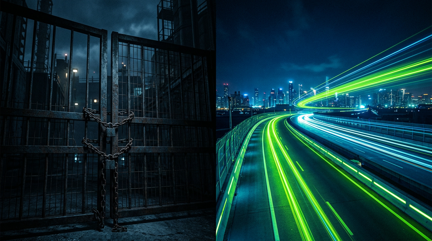 Split image comparing the locked gate of traditional gatekeeper labels versus the open road of modern service-based label partnerships