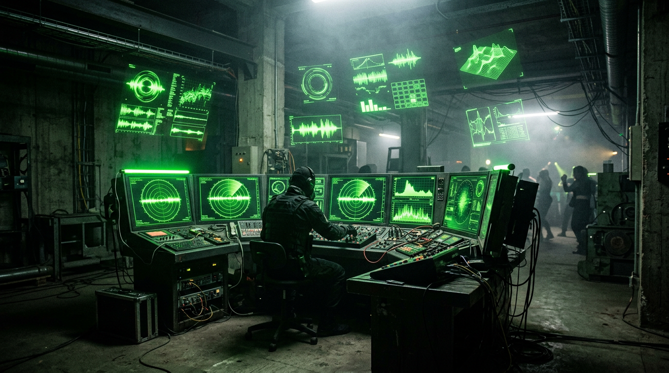Dark industrial control room with green radar screens displaying audio waveforms, representing Spotify Release Radar