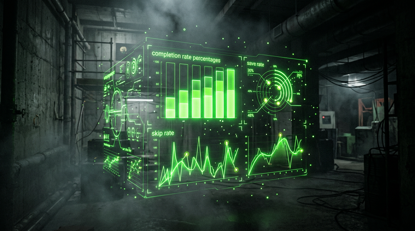 Futuristic holographic dashboard showing Spotify engagement metrics like save rate, completion rate and skip rate