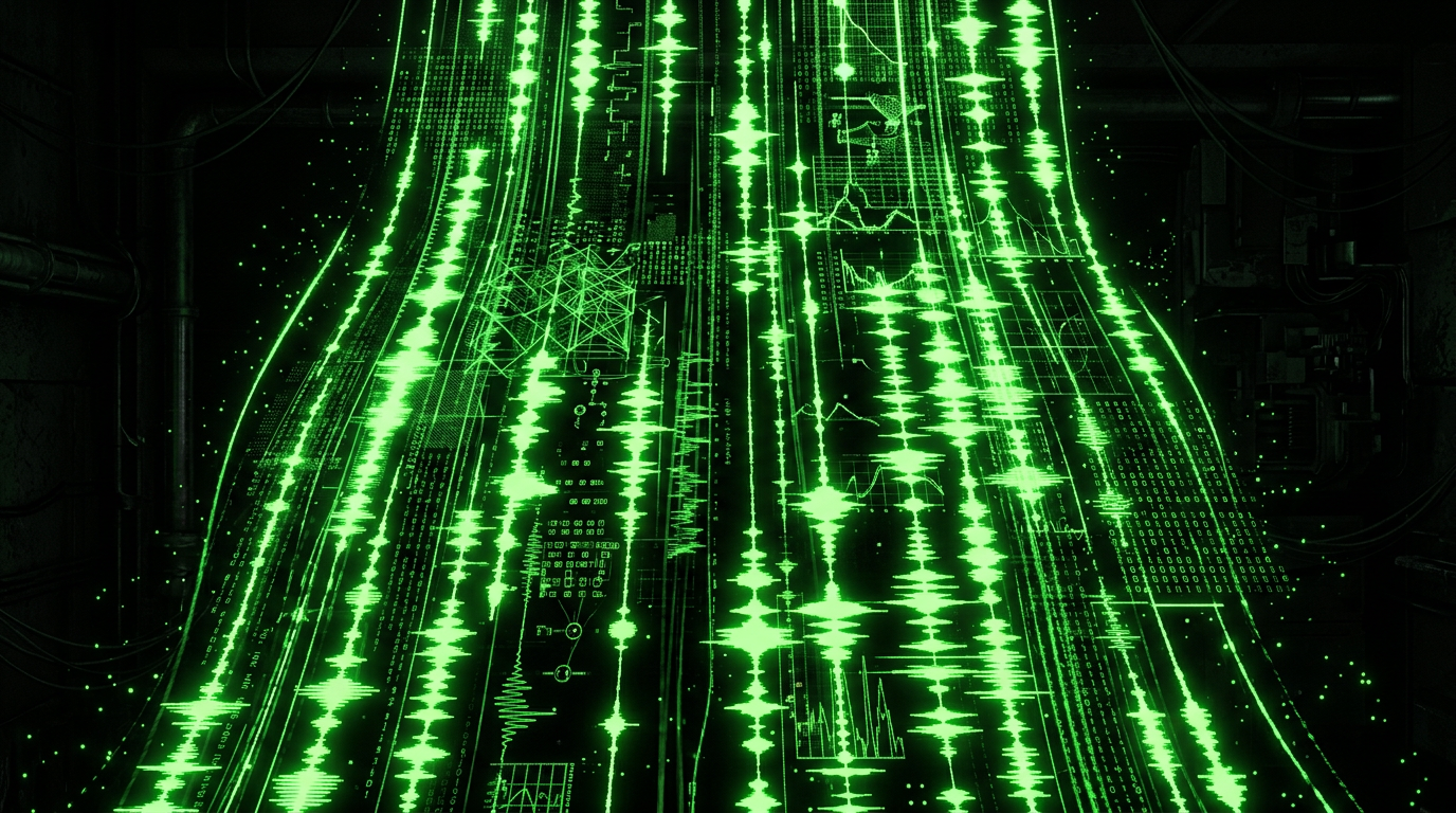 Dark futuristic visualization of cascading digital waveforms in green neon representing the waterfall release strategy